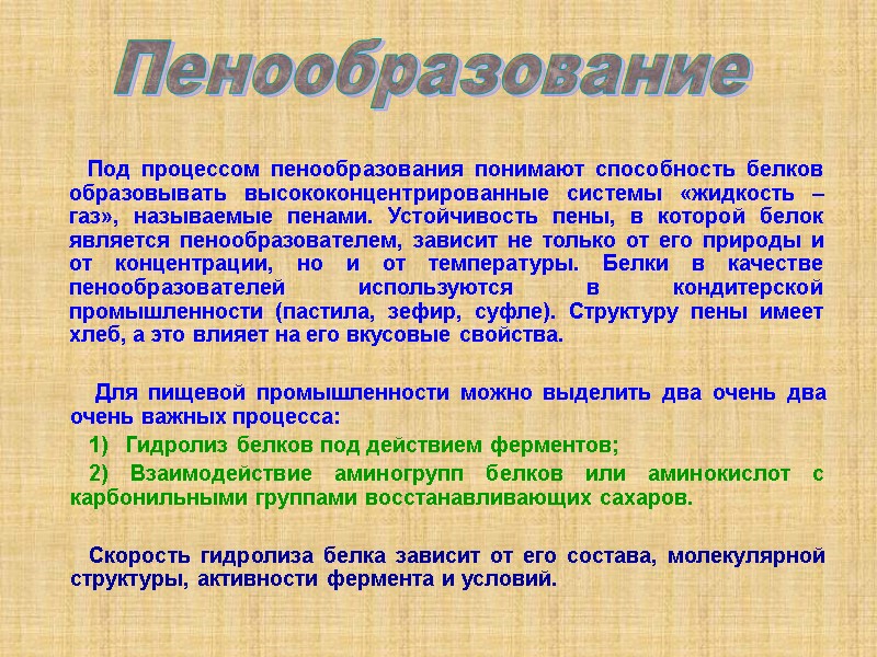 Под процессом пенообразования понимают способность белков образовывать высококонцентрированные системы «жидкость –газ», называемые пенами. Устойчивость
